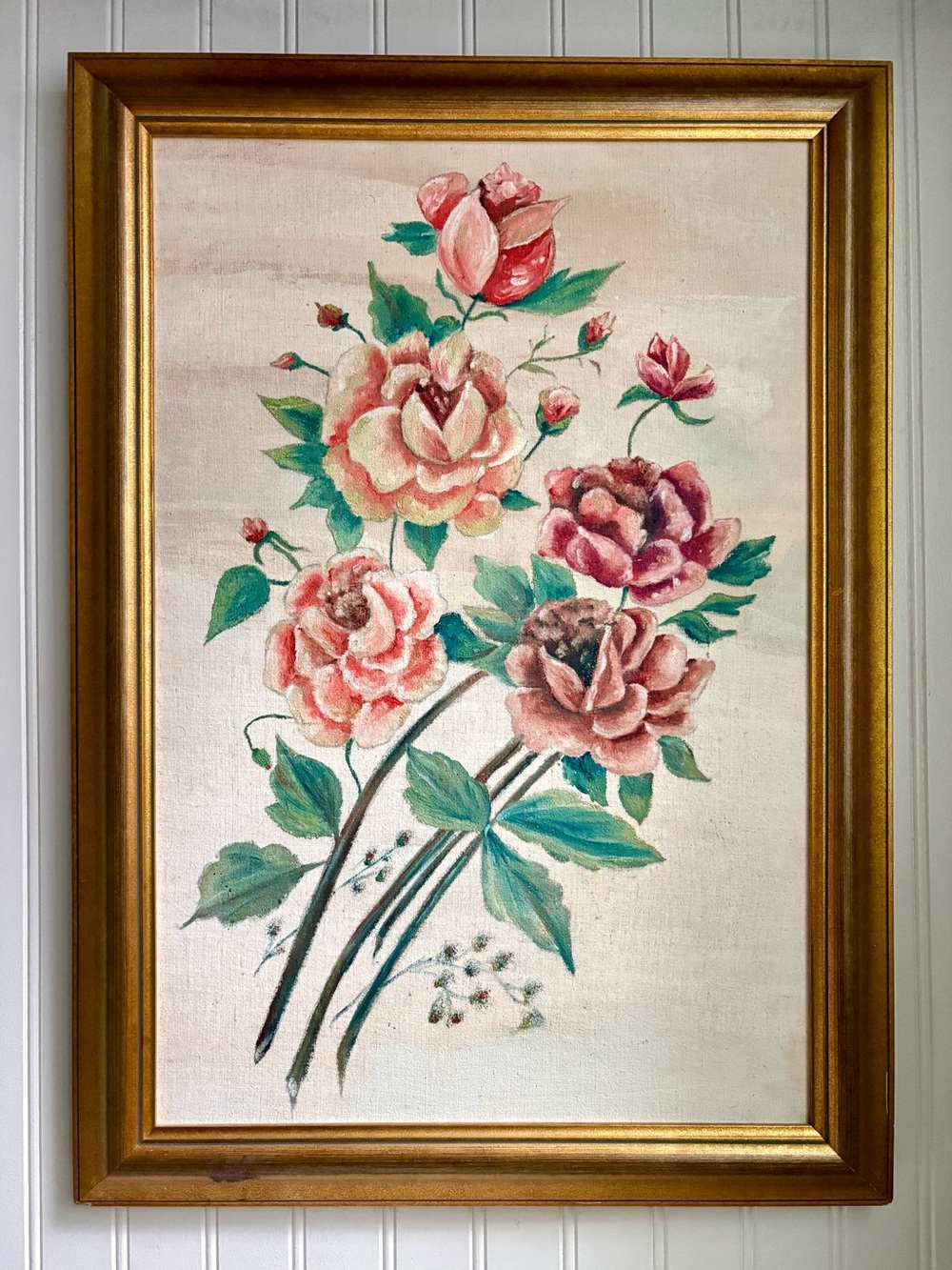 Vintage Framed Floral Rose Painting Pink & Peach Cottagecore Shabby Chic Grandma